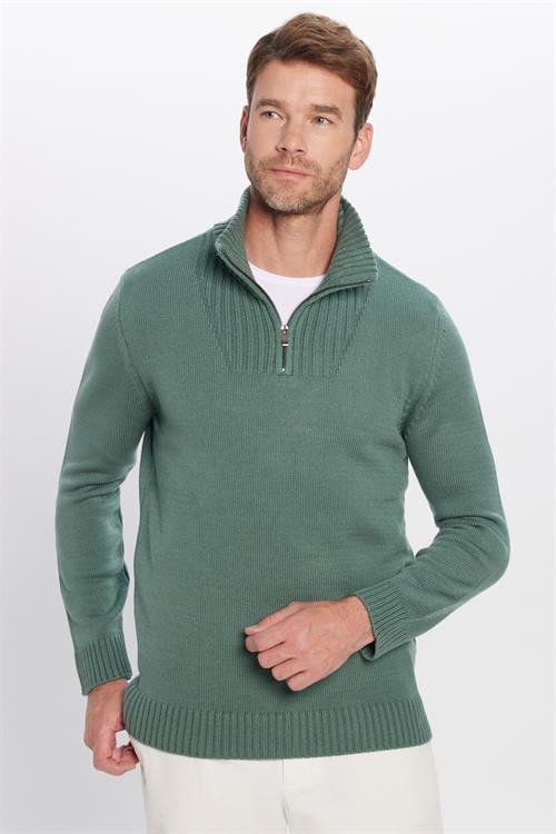 Erkek Slim Fit Dar Kesim Armürlü Fermuarlı Yeşil Dik Yaka Kazak