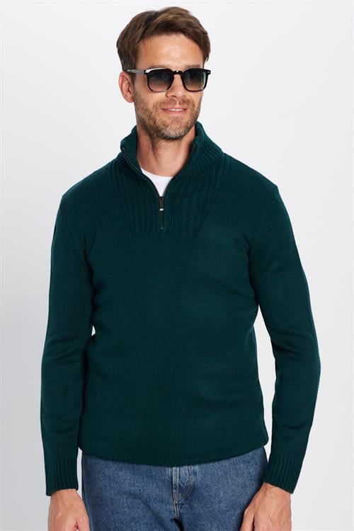 Erkek Slim Fit Dar Kesim Armürlü Fermuarlı Yeşil Dik Yaka Kazak