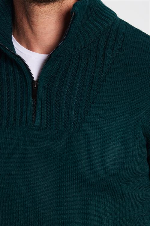 Erkek Slim Fit Dar Kesim Armürlü Fermuarlı Yeşil Dik Yaka Kazak