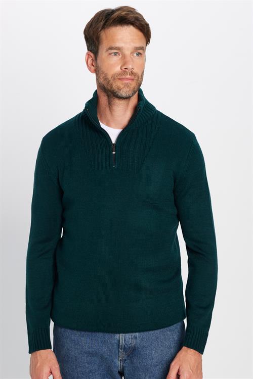 Erkek Slim Fit Dar Kesim Armürlü Fermuarlı Yeşil Dik Yaka Kazak