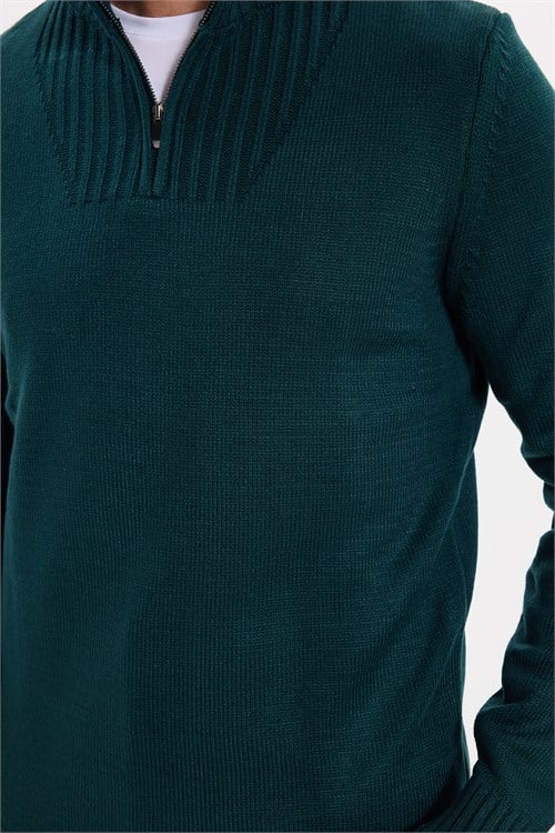 Erkek Slim Fit Dar Kesim Armürlü Fermuarlı Yeşil Dik Yaka Kazak