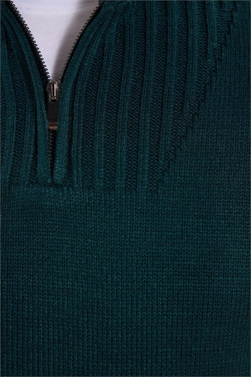 Erkek Slim Fit Dar Kesim Armürlü Fermuarlı Yeşil Dik Yaka Kazak