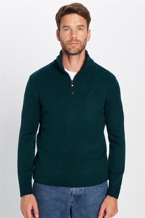 Erkek Slim Fit Dar Kesim Armürlü Fermuarlı Yeşil Dik Yaka Kazak