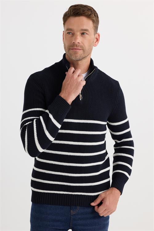 Erkek Slim Fit Fermuarlı Dik Yaka Çizgili Pamuklu Triko Kazak