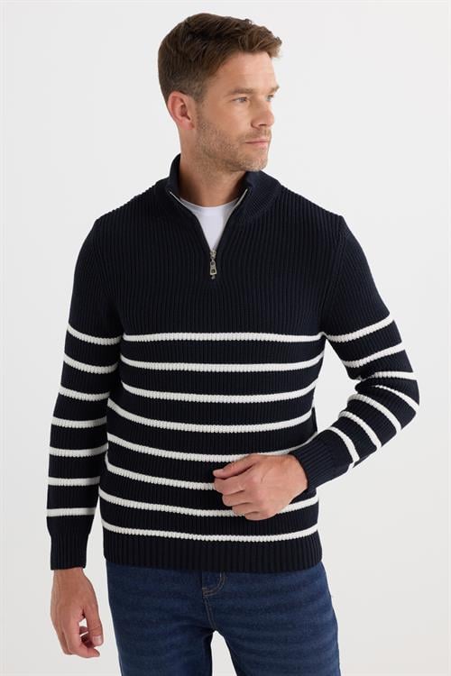 Erkek Slim Fit Fermuarlı Dik Yaka Çizgili Pamuklu Triko Kazak
