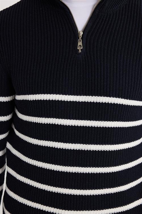 Erkek Slim Fit Fermuarlı Dik Yaka Çizgili Pamuklu Triko Kazak
