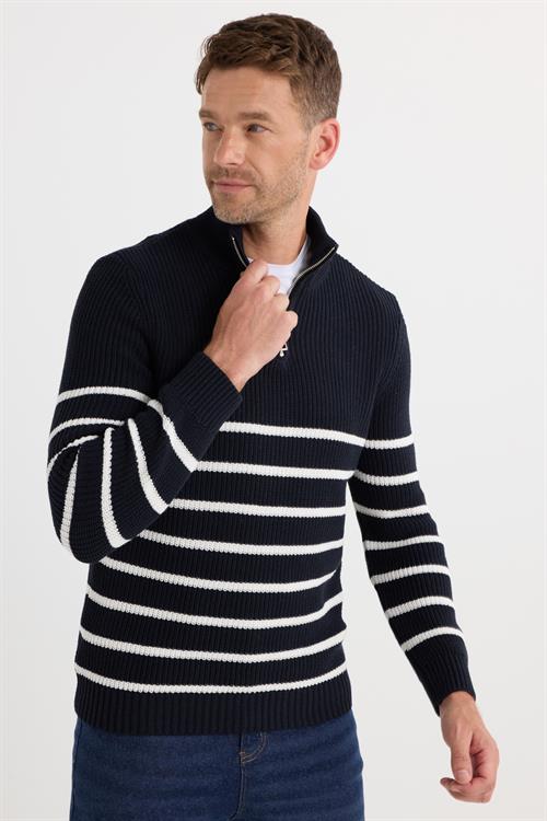 Erkek Slim Fit Fermuarlı Dik Yaka Çizgili Pamuklu Triko Kazak
