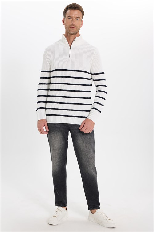 Erkek Slim Fit Fermuarlı Dik Yaka Çizgili Pamuklu Triko Kazak