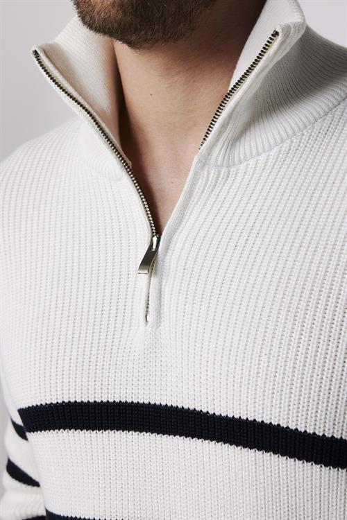 Erkek Slim Fit Fermuarlı Dik Yaka Çizgili Pamuklu Triko Kazak