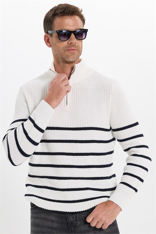 Erkek Slim Fit Fermuarlı Dik Yaka Çizgili Pamuklu Triko Kazak