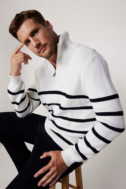 Erkek Slim Fit Fermuarlı Dik Yaka Çizgili Pamuklu Triko Kazak