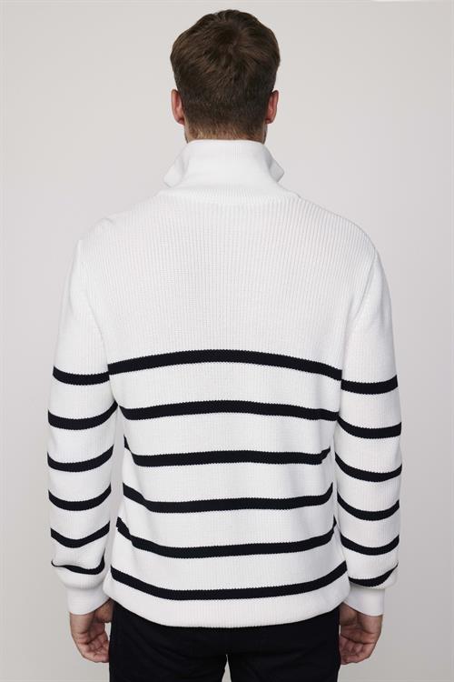 Erkek Slim Fit Fermuarlı Dik Yaka Çizgili Pamuklu Triko Kazak