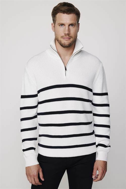 Erkek Slim Fit Fermuarlı Dik Yaka Çizgili Pamuklu Triko Kazak