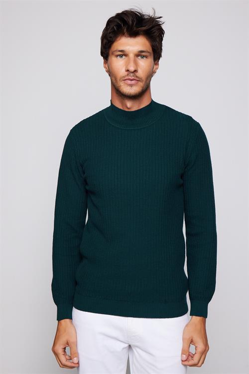 Erkek Slim Fit Yarım Balıkçı Yaka Tüylenme Yapmayan Yeşil Triko Kazak