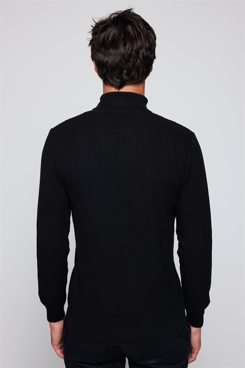 Erkek Slim Fit Tam Boğazlı Tüylenmeye Karşı Dirençli Siyah Kazak