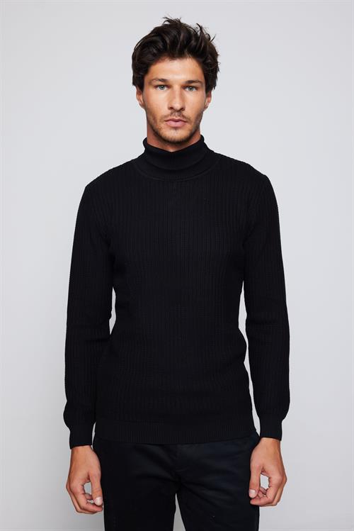 Erkek Slim Fit Tam Boğazlı Tüylenmeye Karşı Dirençli Siyah Kazak