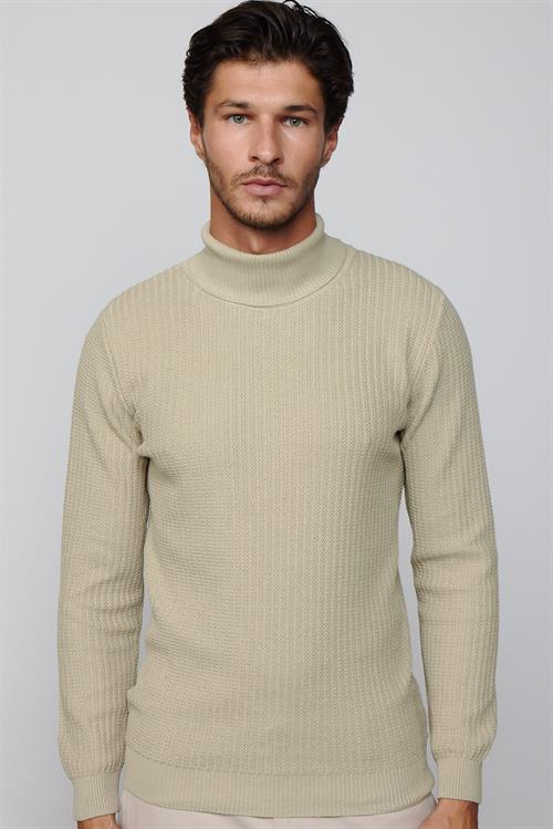 Slim Fit Tam Boğazlı Tüylenmeye Karşı Dirençli Taş Rengi Erkek Kazak
