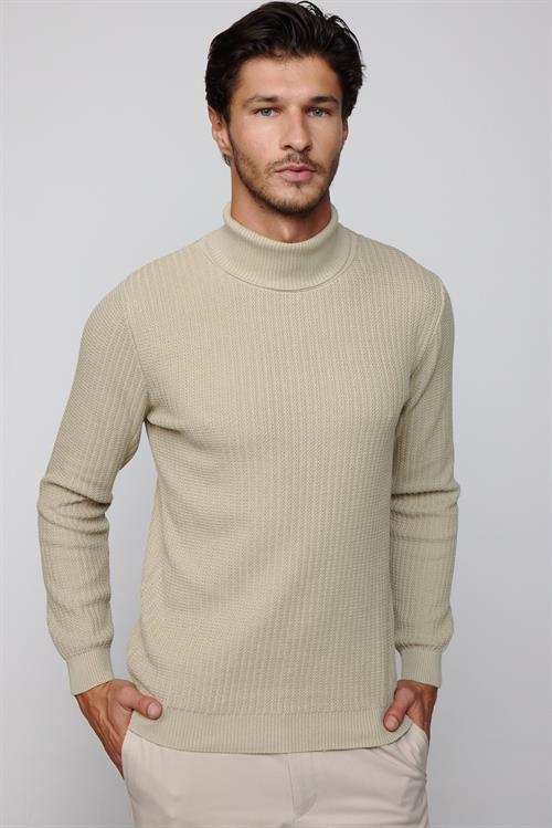 Slim Fit Tam Boğazlı Tüylenmeye Karşı Dirençli Taş Rengi Erkek Kazak