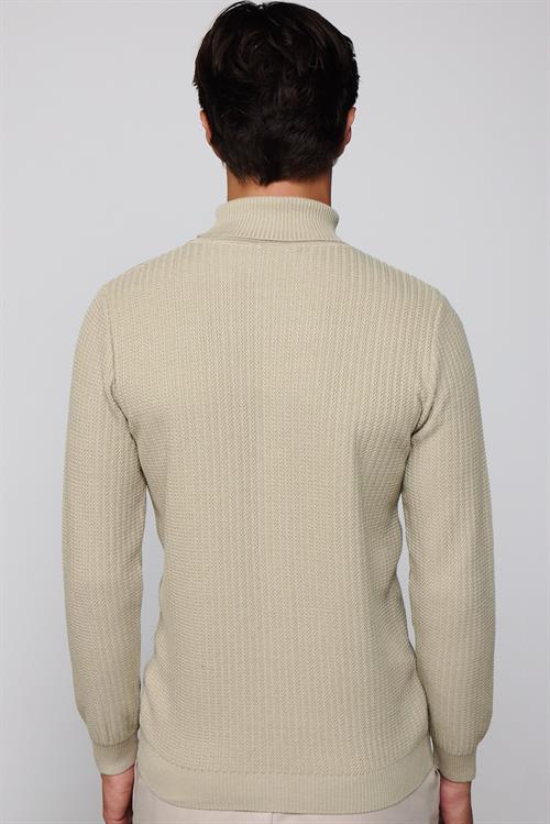 Slim Fit Tam Boğazlı Tüylenmeye Karşı Dirençli Taş Rengi Erkek Kazak