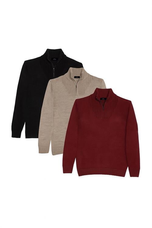 Erkek 3lü Paket Siyah-Bordo-Açık Kahve Slim Fit Dar Kesim Fermuarlı Dik Yaka Triko Kazak
