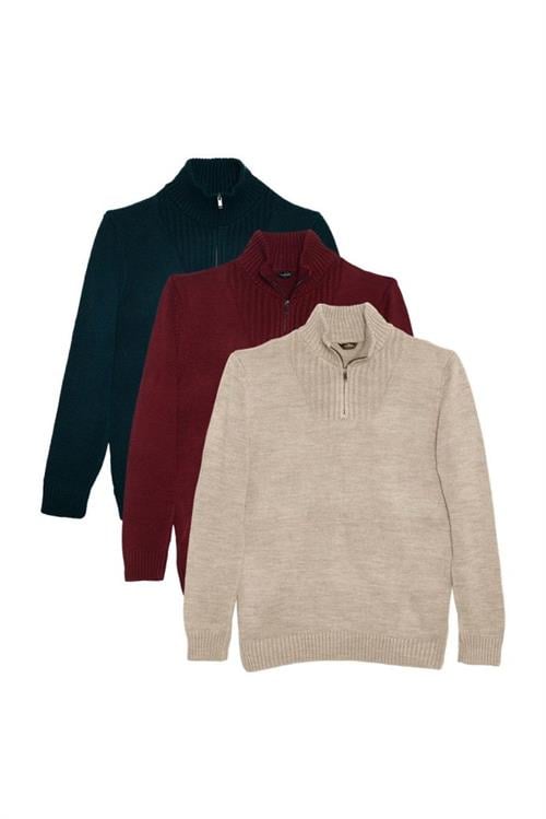 Erkek 3lü Paket Zümrüt Yeşili-Bordo-Yeşil Slim Fit Dar Kesim Fermuarlı Dik Yaka Triko Kazak