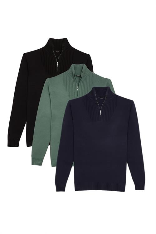 Erkek 3lü Paket Siyah-Yeşil-Lacivert Slim Fit Dar Kesim Fermuarlı Dik Yaka Triko Kazak