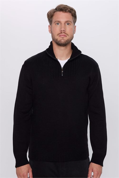Erkek 3lü Paket Siyah-Gri-Lacivert Slim Fit Dar Kesim Fermuarlı Dik Yaka Triko Kazak