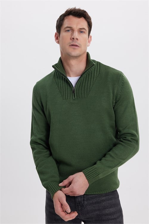 Erkek 3lü Paket Siyah-Yeşil-Gri Slim Fit Dar Kesim Fermuarlı Dik Yaka Triko Kazak