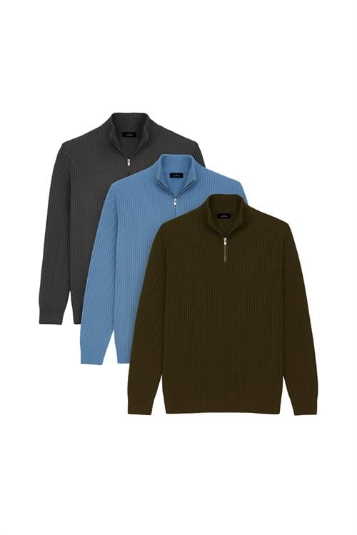 Erkek 3lü Paket Haki-Füme-Mavi Slim Fit Dar Kesim Fermuarlı Dik Yaka Triko Kazak