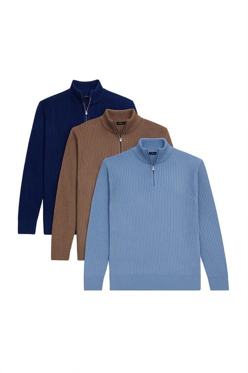 Erkek 3lü Paket İndigo-Vizon-Lacivert Slim Fit Dar Kesim Fermuarlı Dik Yaka Triko Kazak