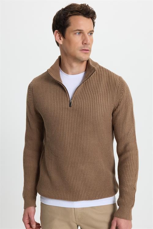 Erkek 3lü Paket İndigo-Vizon-Lacivert Slim Fit Dar Kesim Fermuarlı Dik Yaka Triko Kazak