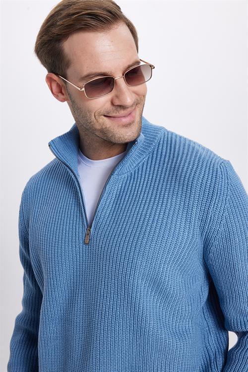 Erkek 3lü Paket İndigo-Vizon-Lacivert Slim Fit Dar Kesim Fermuarlı Dik Yaka Triko Kazak