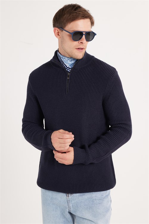 Erkek 3lü Paket Siyah-Haki-Lacivert Slim Fit Dar Kesim Fermuarlı Dik Yaka Triko Kazak