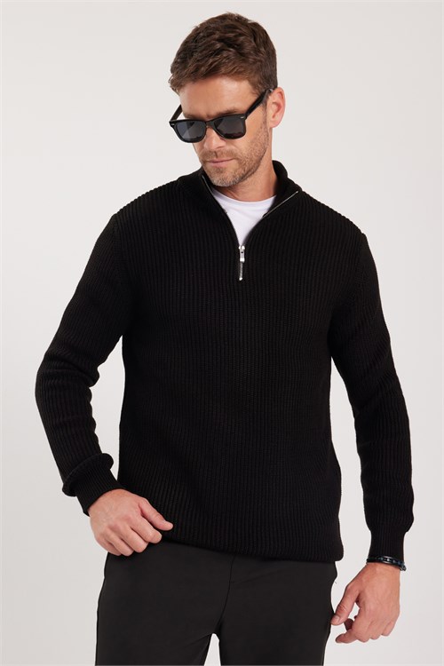 Erkek 3lü Paket Gri-Bordo-Siyah Slim Fit Dar Kesim Fermuarlı Dik Yaka Triko Kazak