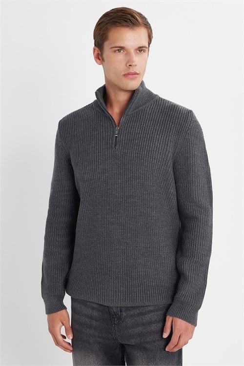 Erkek 3lü Paket Gri-Bordo-Siyah Slim Fit Dar Kesim Fermuarlı Dik Yaka Triko Kazak