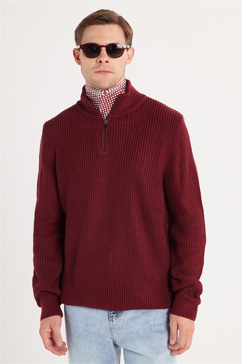Erkek 3lü Paket Gri-Bordo-Siyah Slim Fit Dar Kesim Fermuarlı Dik Yaka Triko Kazak