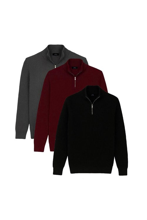 Erkek 3lü Paket Gri-Bordo-Siyah Slim Fit Dar Kesim Fermuarlı Dik Yaka Triko Kazak