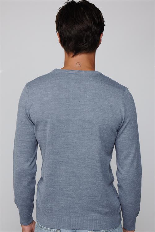 Slim Fit Bisiklet Yaka Kendinden Desenli İndigo Erkek Triko Kazak