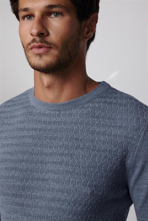 Slim Fit Bisiklet Yaka Kendinden Desenli İndigo Erkek Triko Kazak