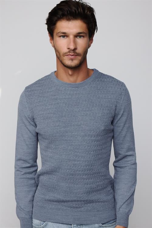 Slim Fit Bisiklet Yaka Kendinden Desenli İndigo Erkek Triko Kazak