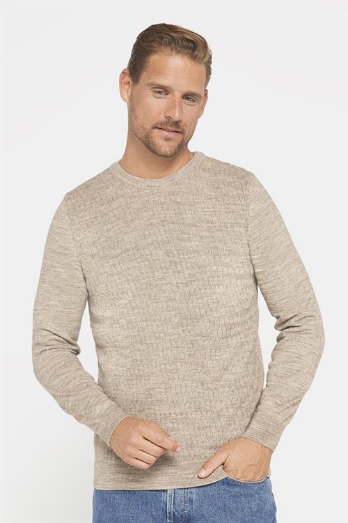 Slim Fit Bisiklet Yaka Kendinden Desenli Bej Erkek Triko Kazak