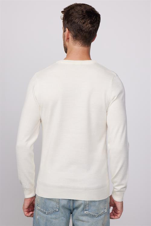 Erkek Slim Fit Bisiklet Yaka Kendinden Desenli Ekru Triko Kazak