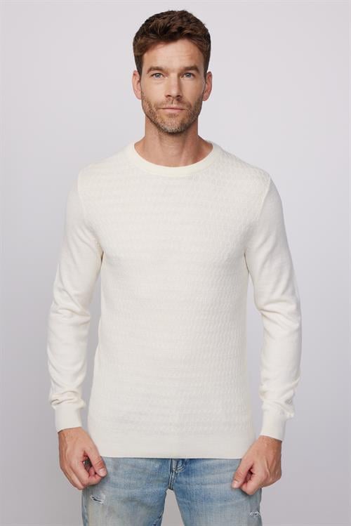 Erkek Slim Fit Bisiklet Yaka Kendinden Desenli Ekru Triko Kazak