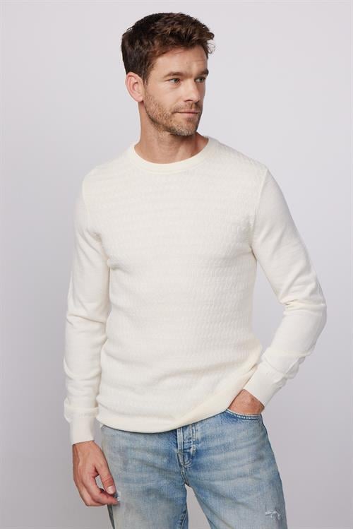 Erkek Slim Fit Bisiklet Yaka Kendinden Desenli Ekru Triko Kazak