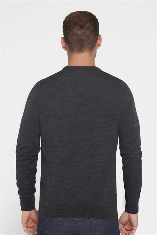 Slim Fit Bisiklet Yaka Kendinden Desenli Antrasit Erkek Triko Kazak