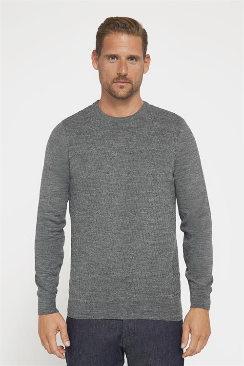 Slim Fit Bisiklet Yaka Kendinden Desenli Gri Erkek Triko Kazak