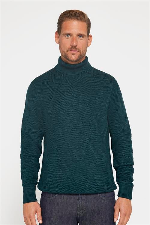 Slim Fit Dar Kesim Tam Balıkçı Yaka Desenli Yeşil Erkek Triko Triko Kazak