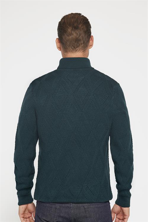 Slim Fit Dar Kesim Tam Balıkçı Yaka Desenli Yeşil Erkek Triko Triko Kazak