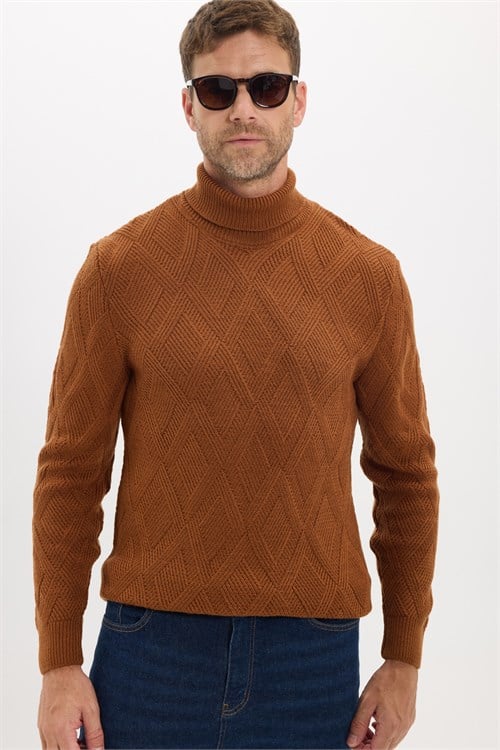 Slim Fit Dar Kesim Tam Balıkçı Yaka Desenli Kahverengi Erkek Triko Kazak