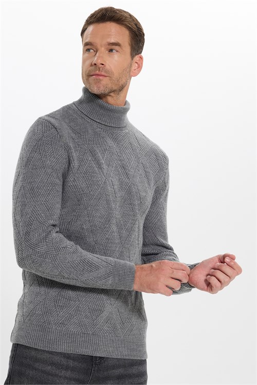 Slim Fit Dar Kesim Tam Balıkçı Yaka Desenli Gri Erkek Triko Kazak